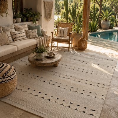 Sahara braided jute rug styled on a sunlit patio