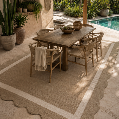 Scalloped Jute-Blend Woven Area Rug – Natural & Ivory Coastal Border Rug