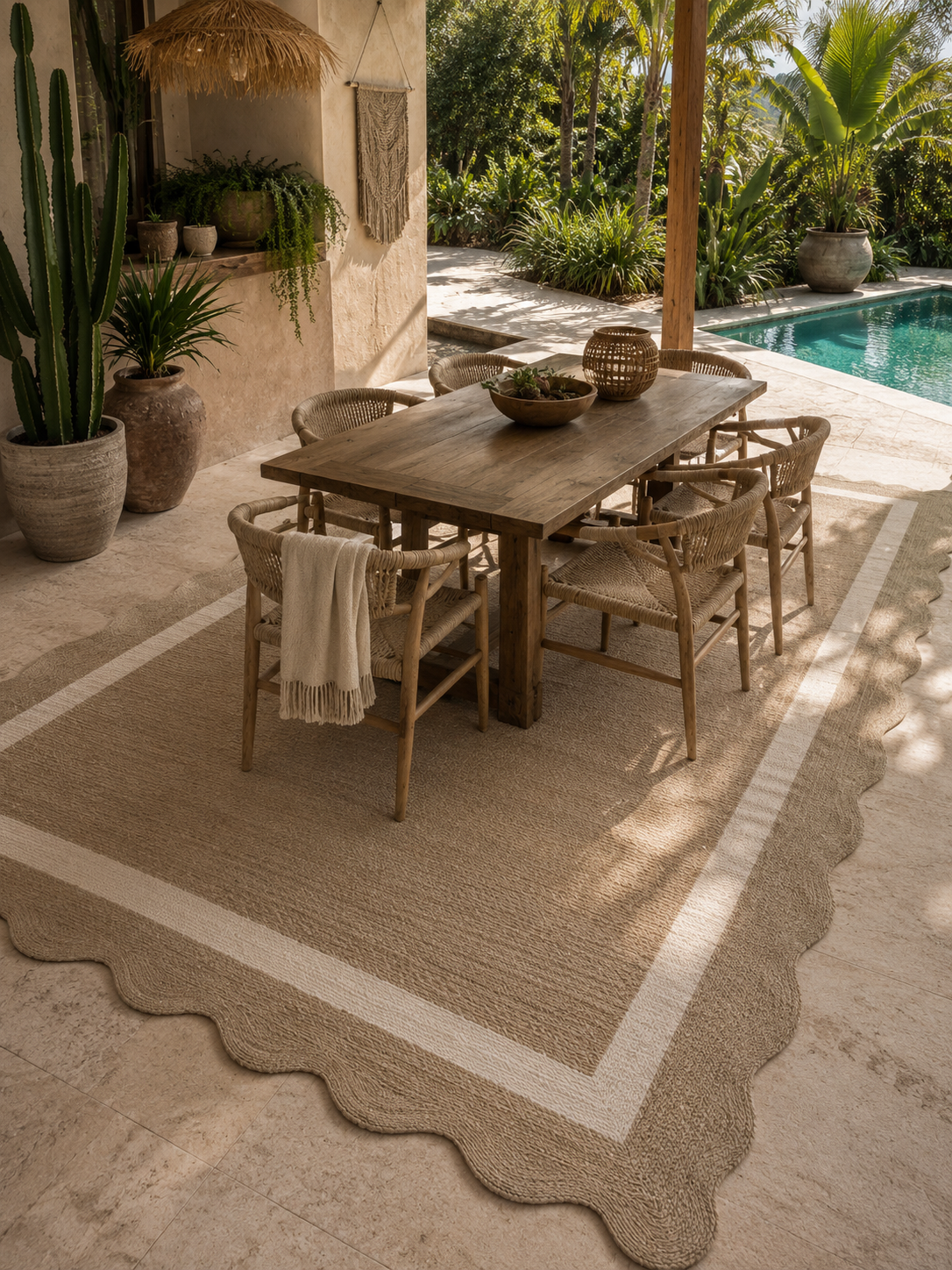 Scalloped Jute-Blend Woven Area Rug – Natural & Ivory Coastal Border Rug