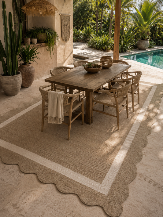 Scalloped Jute-Blend Woven Area Rug – Natural & Ivory Coastal Border Rug